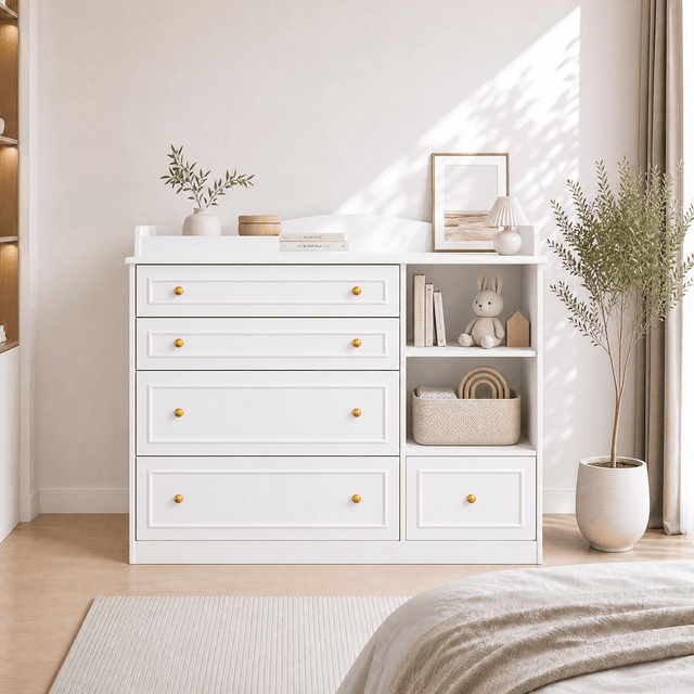 Natural Oak Finish Nursery Changing Table Dresser with 5 Drawers