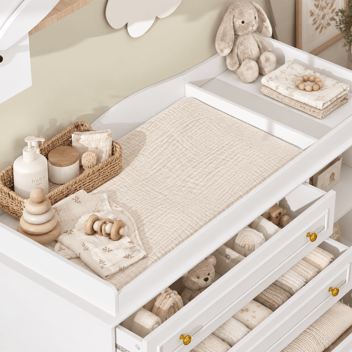 Natural Oak Finish Nursery Changing Table Dresser with 5 Drawers