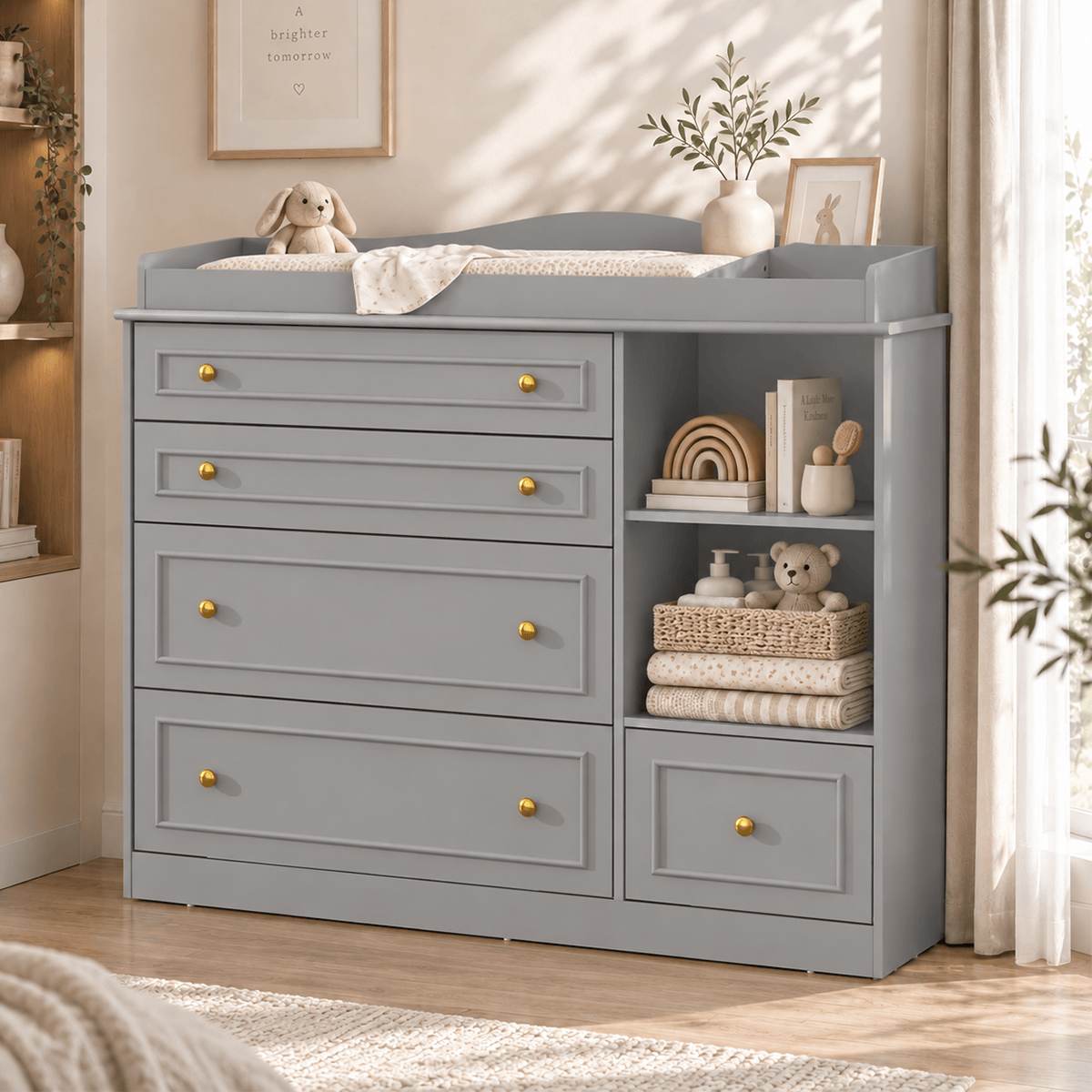 Natural Oak Finish Nursery Changing Table Dresser with 5 Drawers