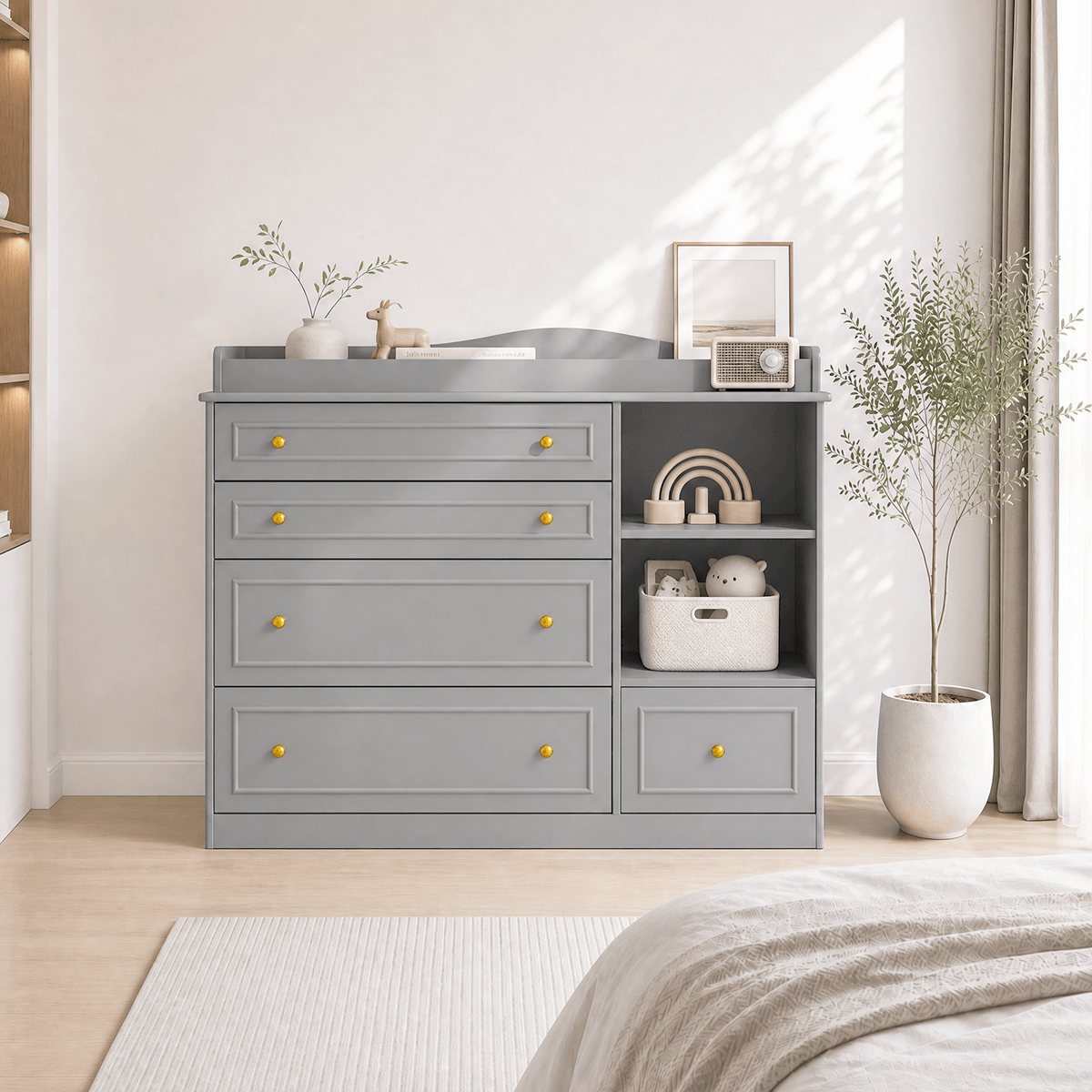 Natural Oak Finish Nursery Changing Table Dresser with 5 Drawers