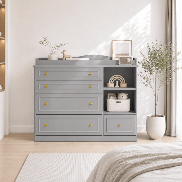 Natural Oak Finish Nursery Changing Table Dresser with 5 Drawers