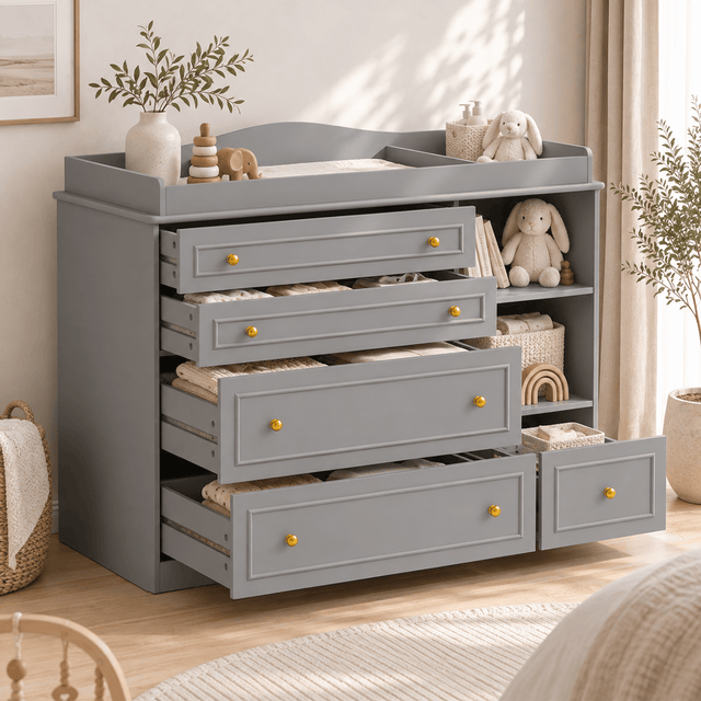 Natural Oak Finish Nursery Changing Table Dresser with 5 Drawers