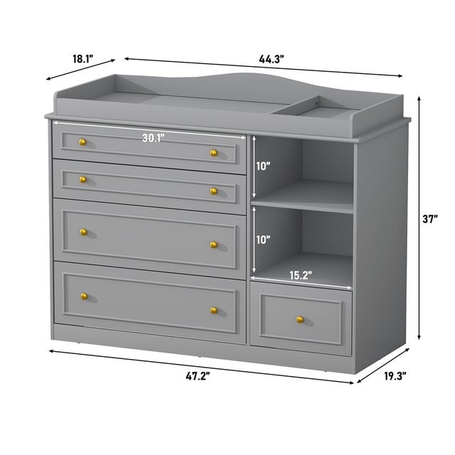 Natural Oak Finish Nursery Changing Table Dresser with 5 Drawers
