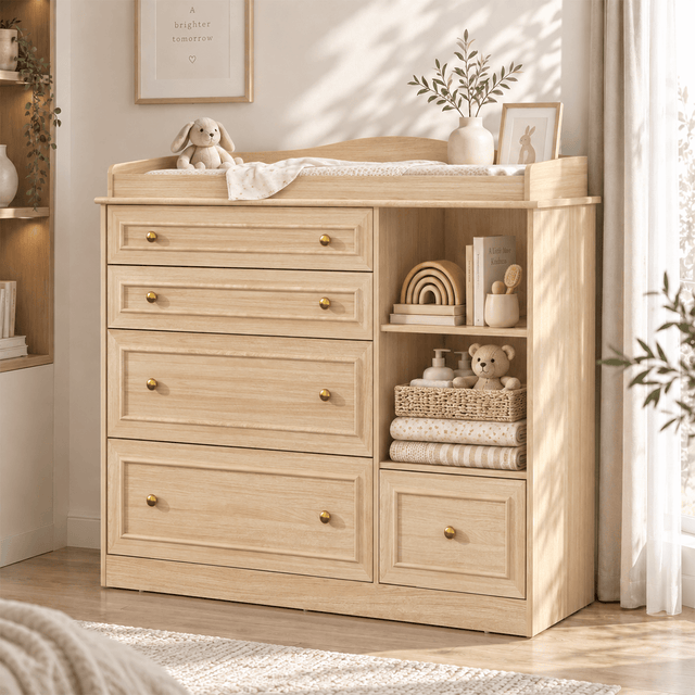 Natural Oak Finish Nursery Changing Table Dresser with 5 Drawers