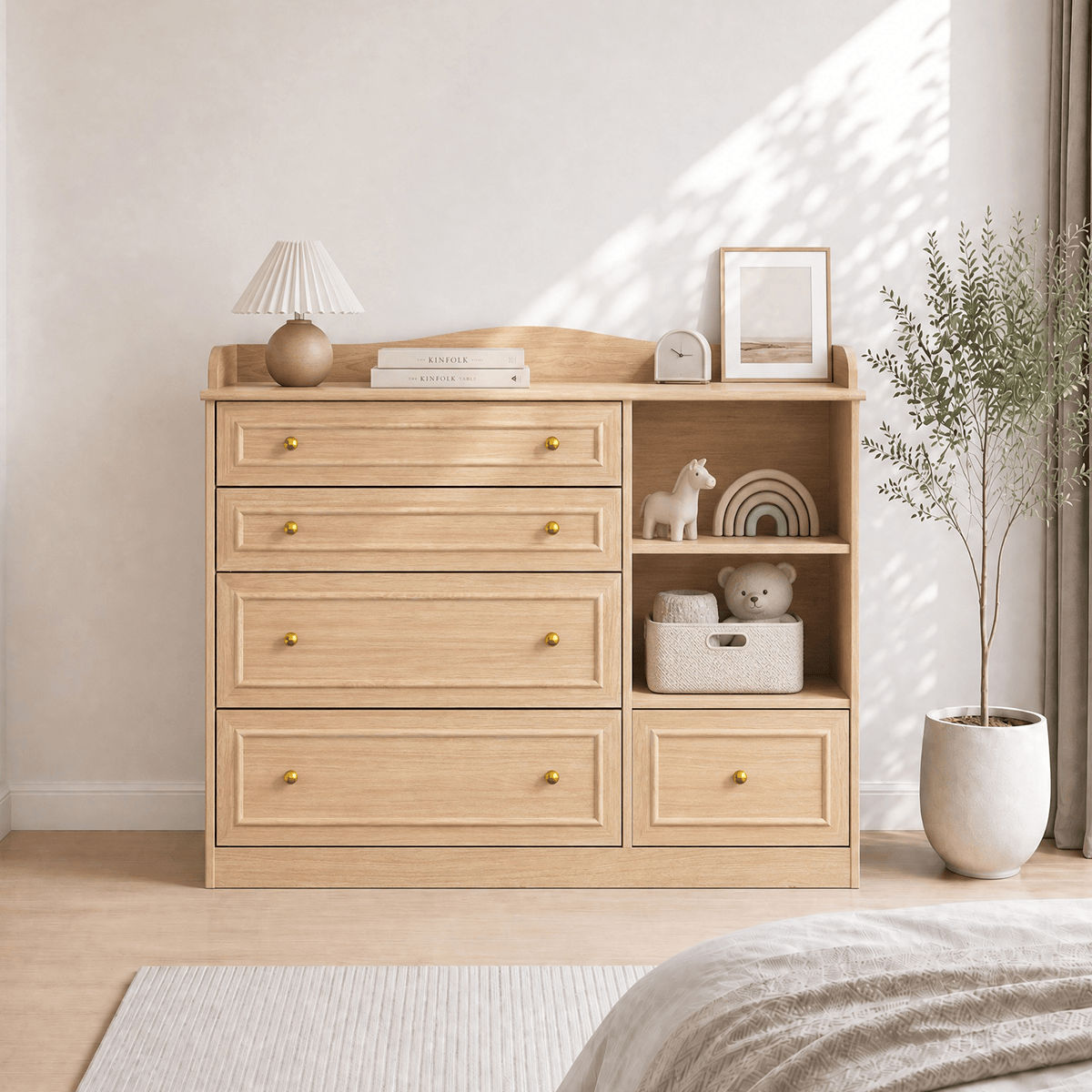 Natural Oak Finish Nursery Changing Table Dresser with 5 Drawers
