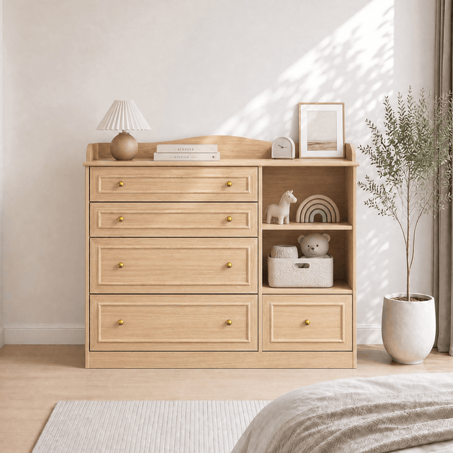 Natural Oak Finish Nursery Changing Table Dresser with 5 Drawers