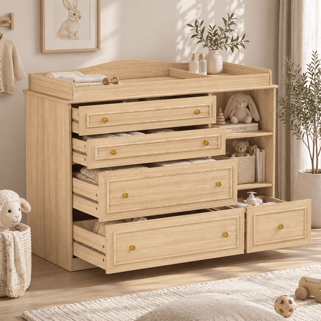 Natural Oak Finish Nursery Changing Table Dresser with 5 Drawers