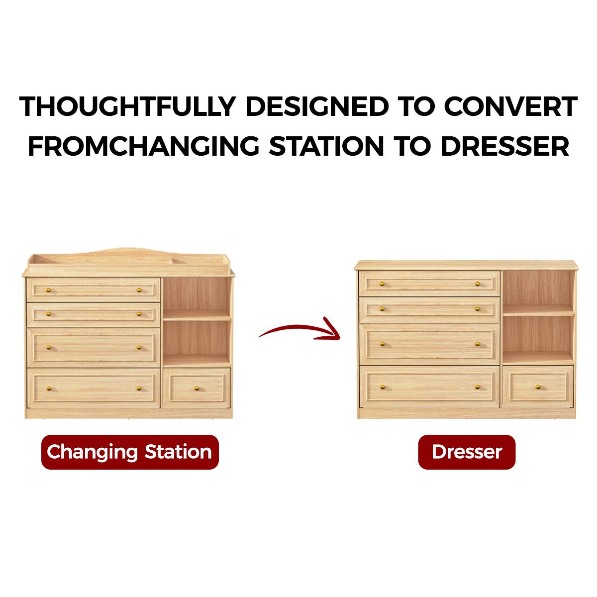 Natural Oak Finish Nursery Changing Table Dresser with 5 Drawers