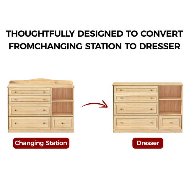 Natural Oak Finish Nursery Changing Table Dresser with 5 Drawers