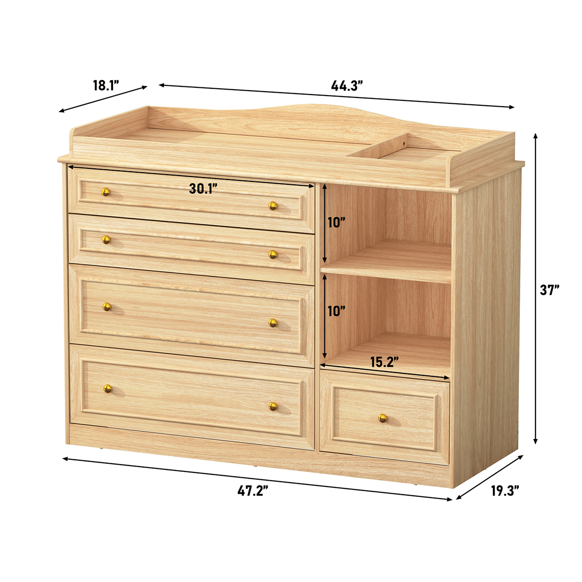 Natural Oak Finish Nursery Changing Table Dresser with 5 Drawers