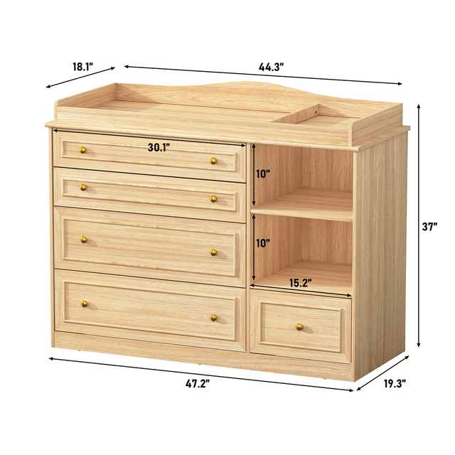 Natural Oak Finish Nursery Changing Table Dresser with 5 Drawers