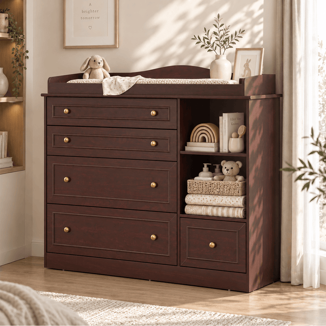 Natural Oak Finish Nursery Changing Table Dresser with 5 Drawers