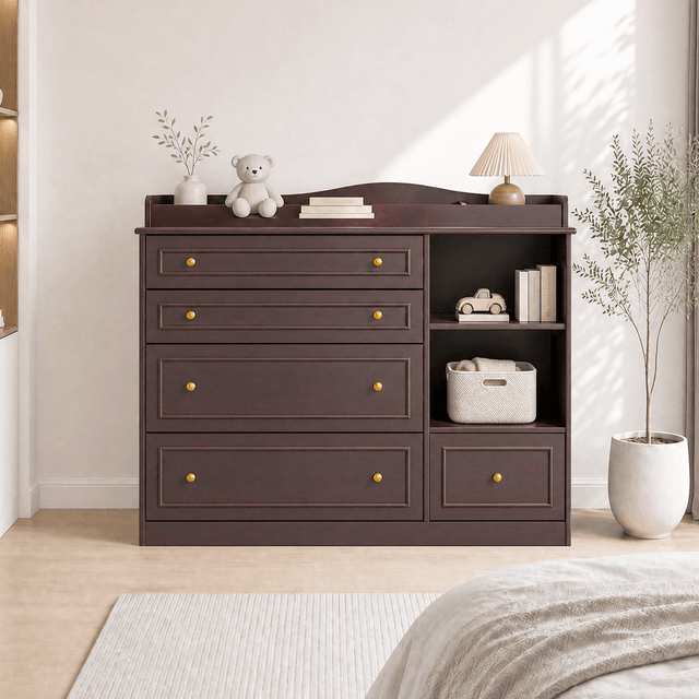 Natural Oak Finish Nursery Changing Table Dresser with 5 Drawers