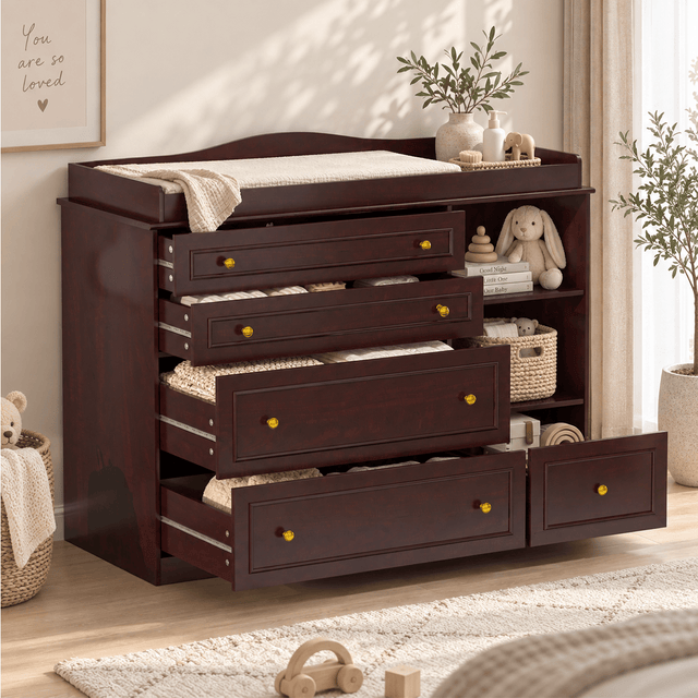 Natural Oak Finish Nursery Changing Table Dresser with 5 Drawers