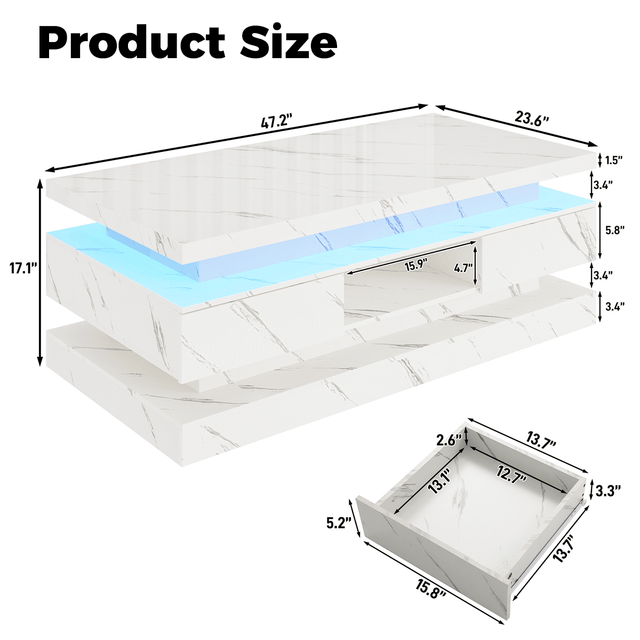 47" Coffee Table Modern LED with Storage