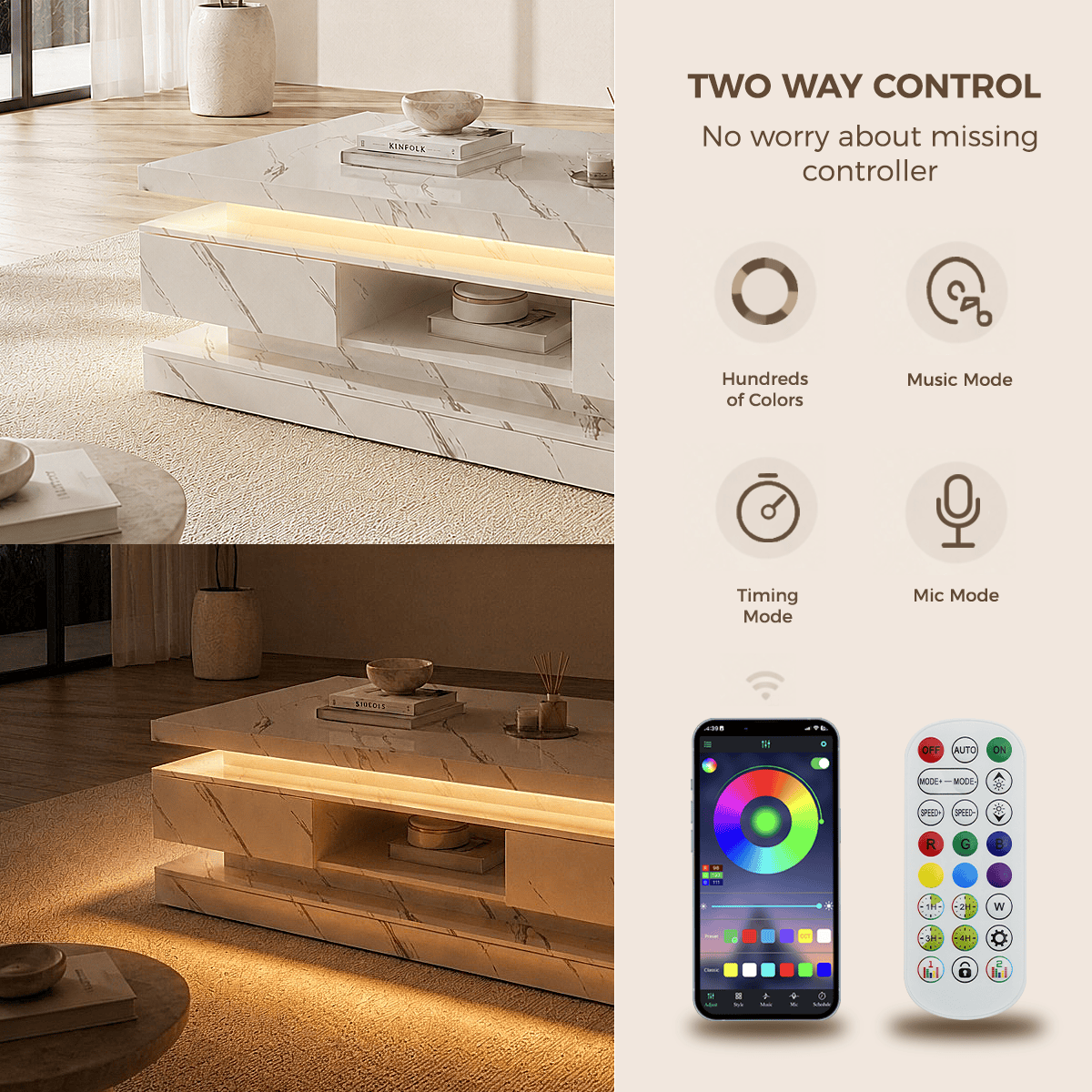 47" Coffee Table Modern LED with Storage
