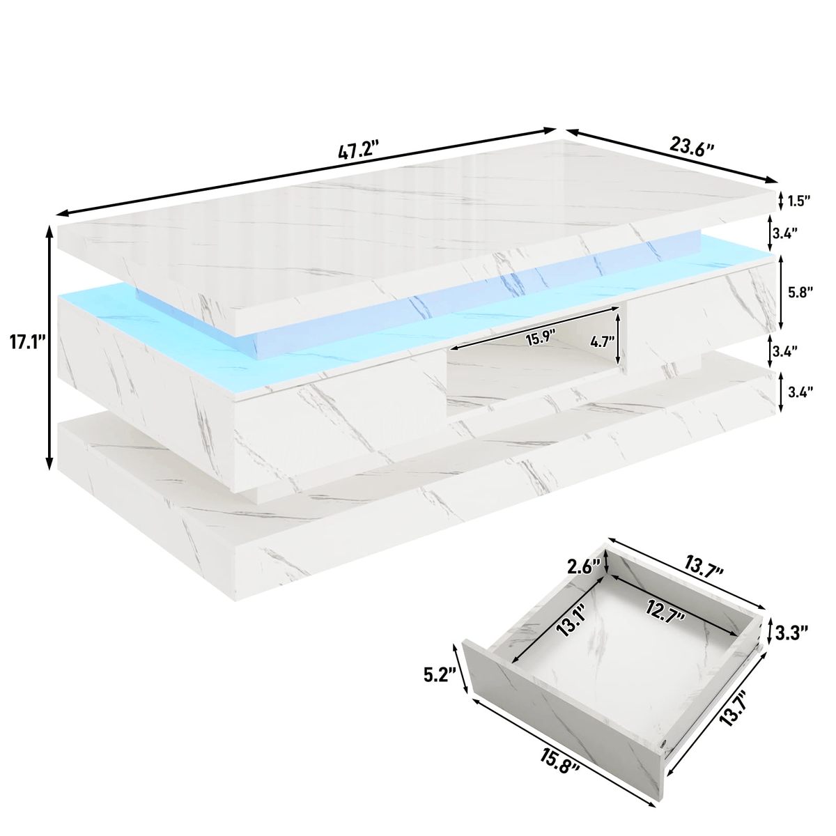 47" Coffee Table Modern LED with Storage White dimension image