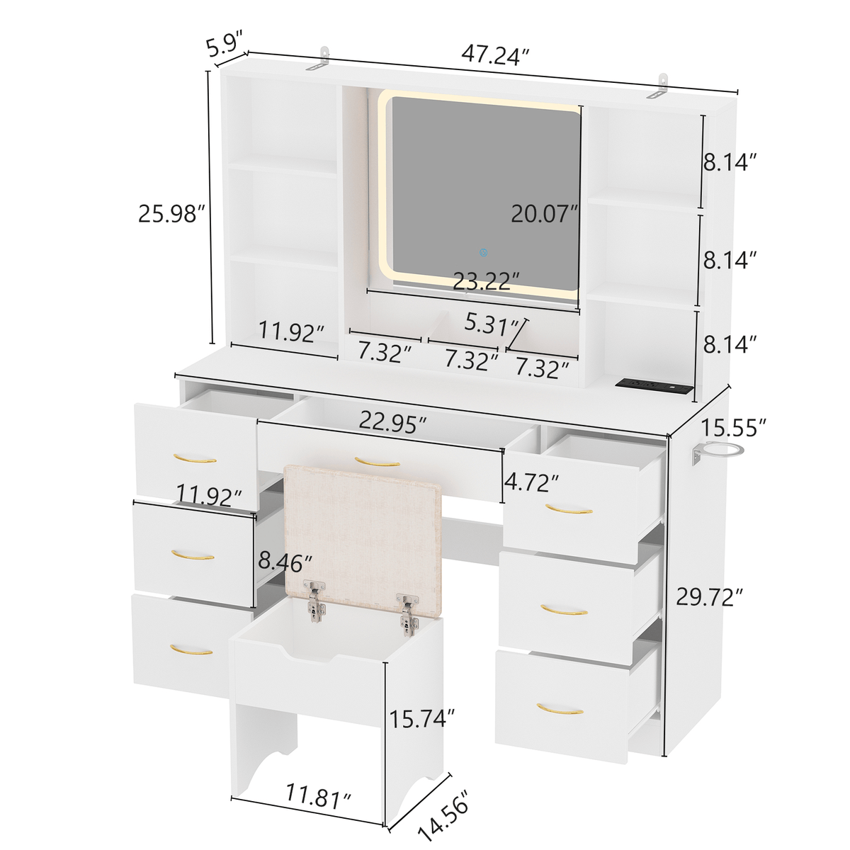 47" Large Modern Makeup Vanity Desk White dimension image
