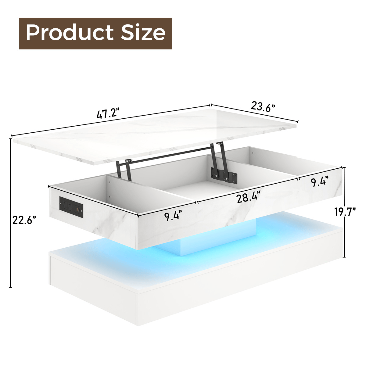 39"/47" Large Lift Top Coffee Table Modern LED with Storage