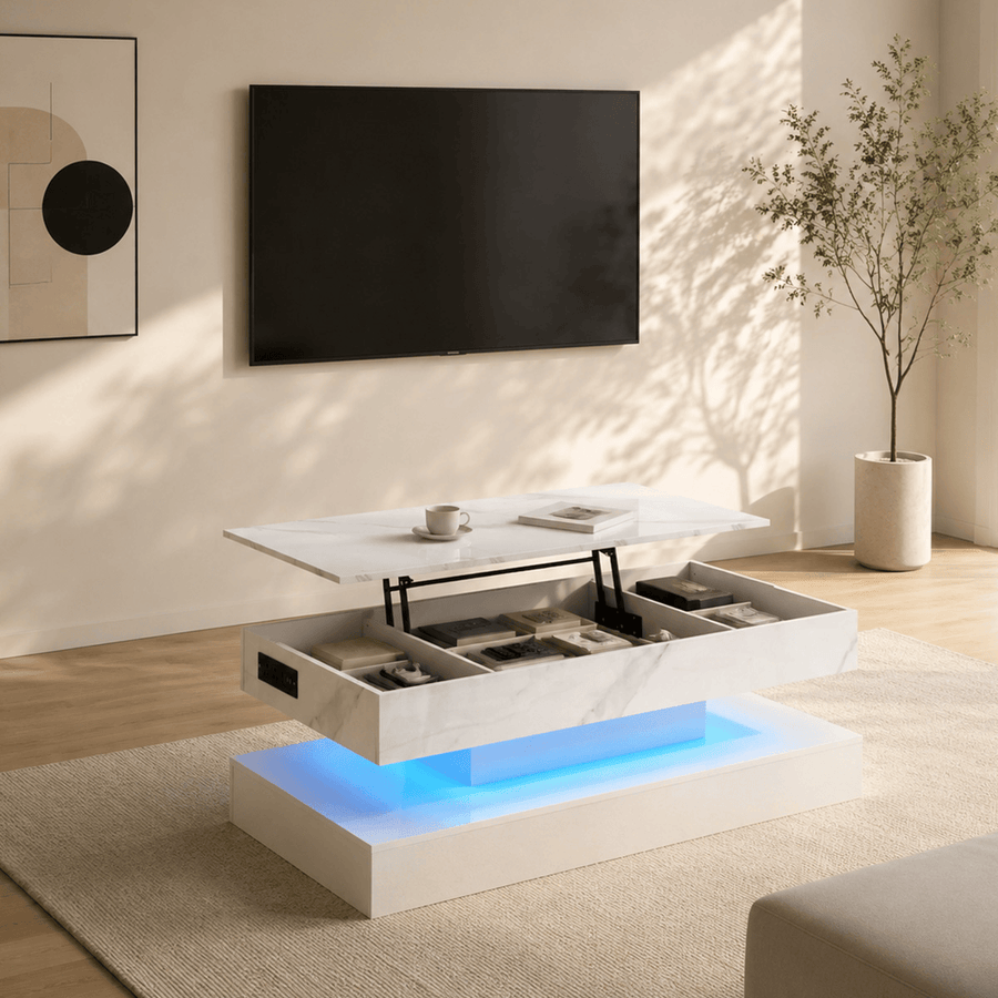 39"/47" Large Lift Top Coffee Table Modern LED with Storage