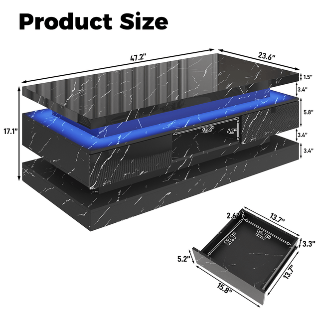 47" Coffee Table Modern LED with Storage