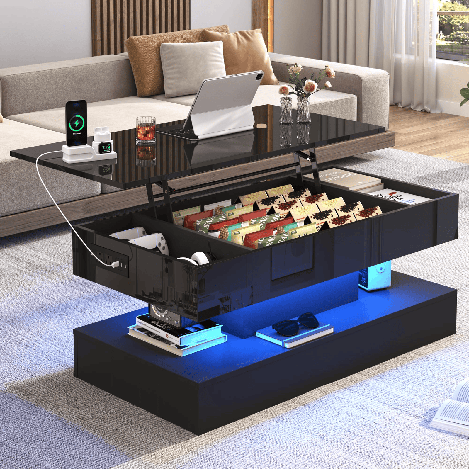 39"/47" Large Lift Top Coffee Table Modern LED with Storage