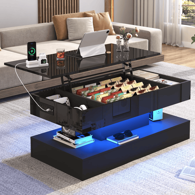 39"/47" Large Lift Top Coffee Table Modern LED with Storage