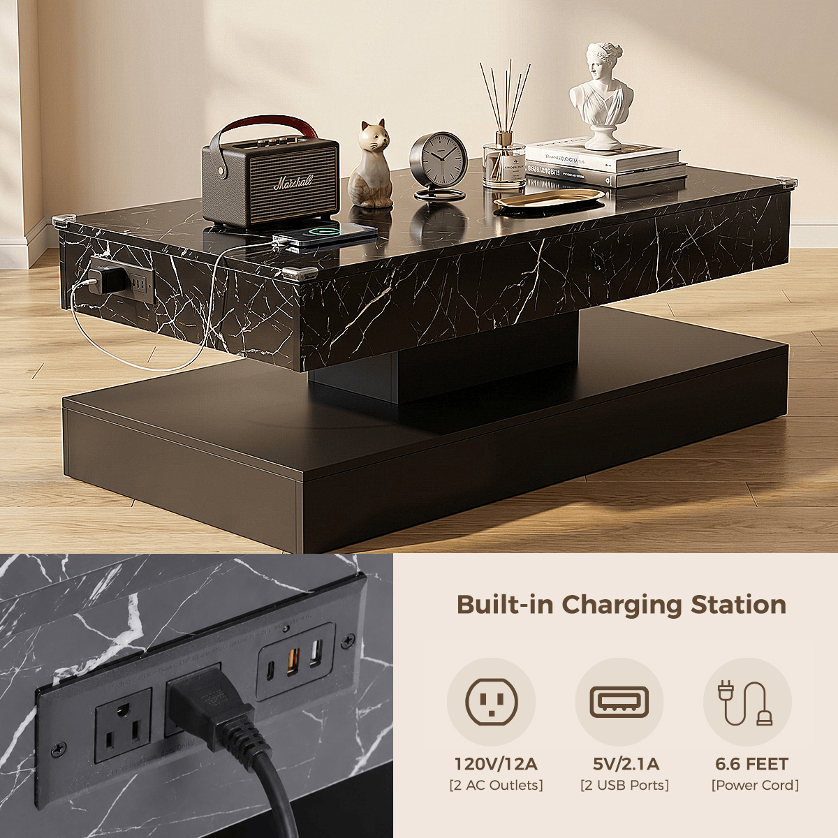 39"/47" Large Lift Top Coffee Table Modern LED with Storage