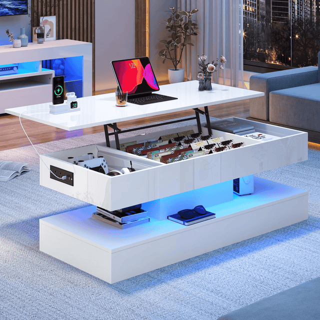 39"/47" Large Lift Top Coffee Table Modern LED with Storage