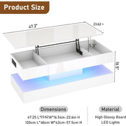 39"/47" Large Lift Top Coffee Table Modern LED with Storage