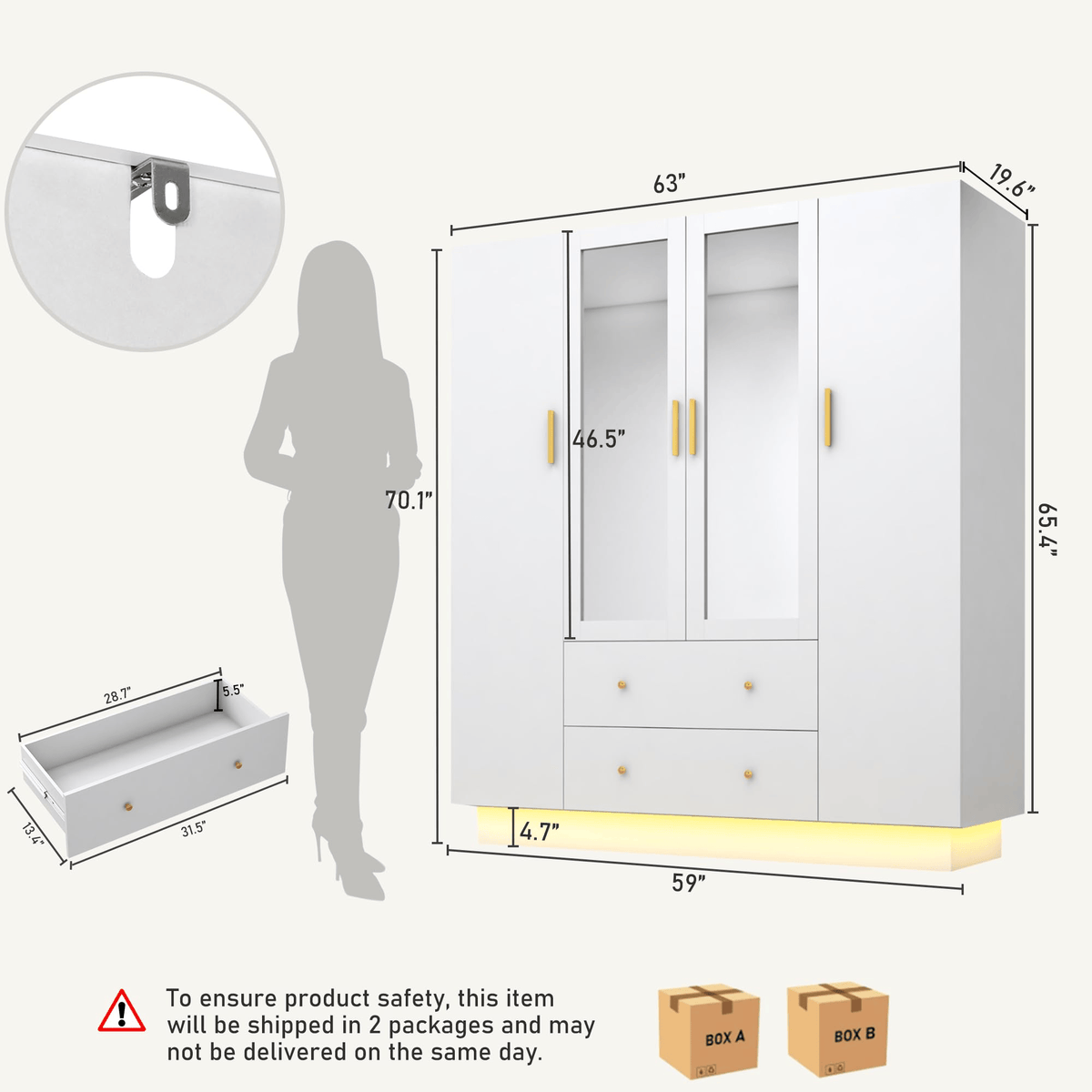 4 Doors Armoire Wardrobe Closet Freestanding White dimension image