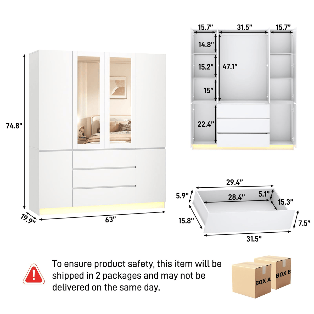 4 Doors Armoire Wardrobe Closet Freestanding 4 / White dimension image
