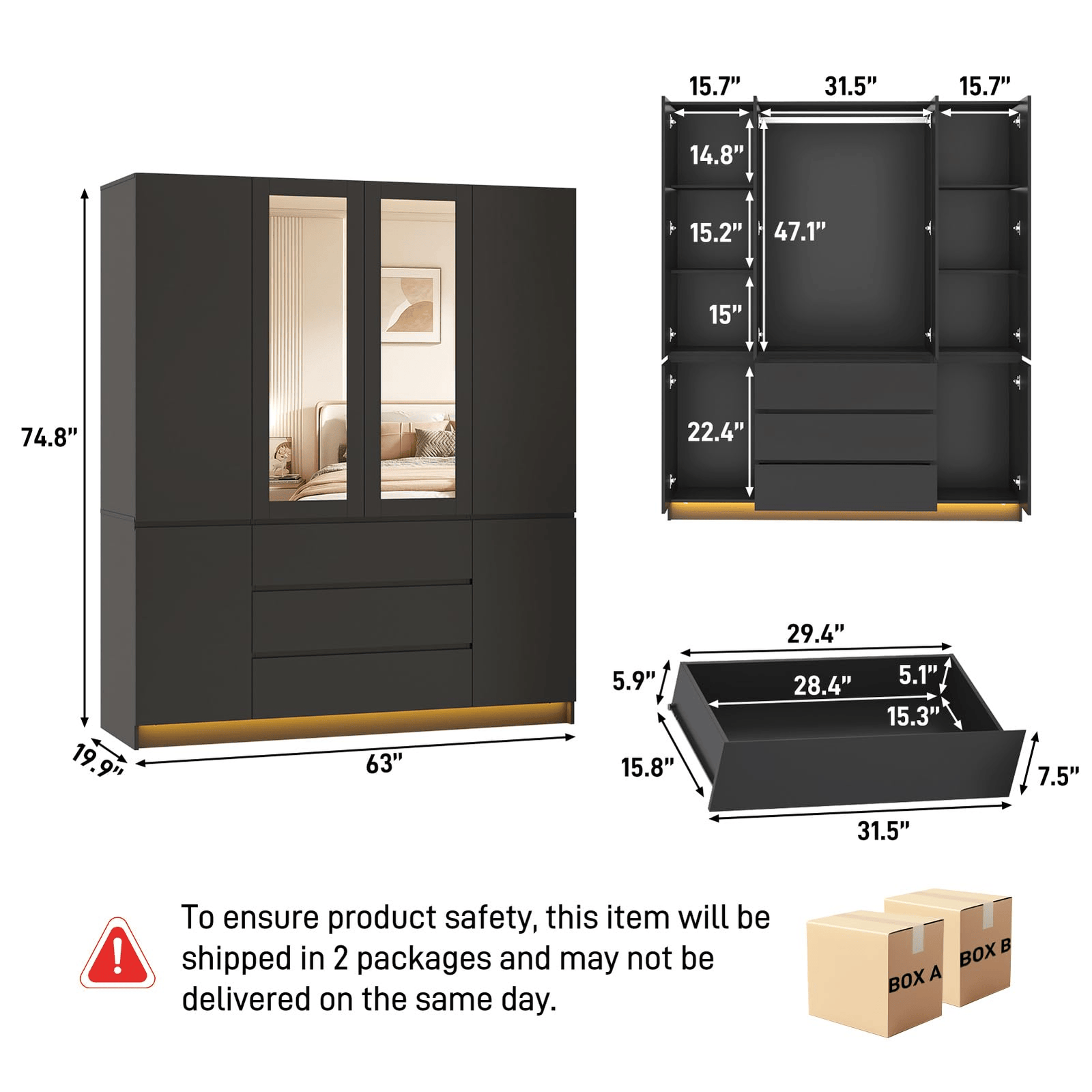 4 Doors Armoire Wardrobe Closet Freestanding