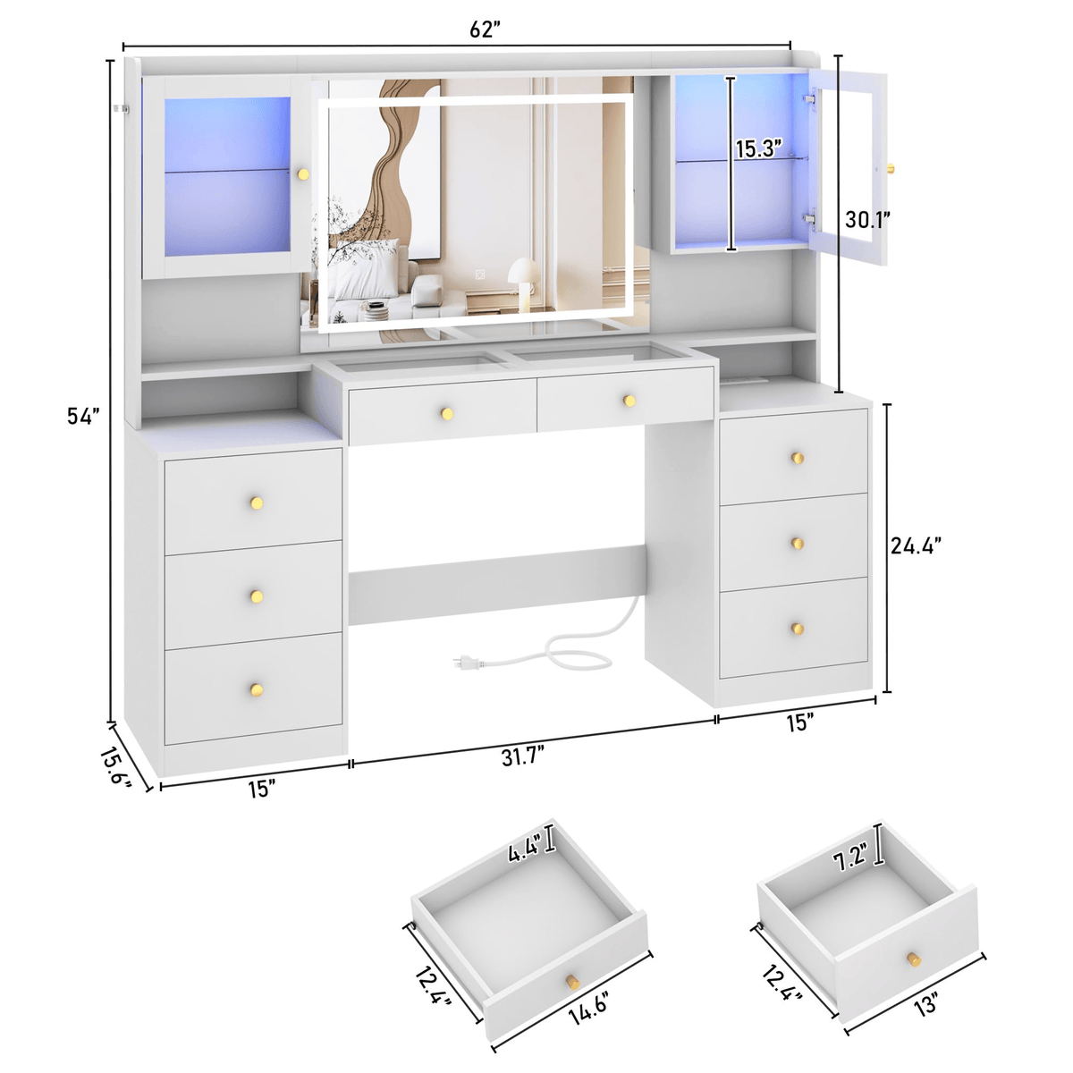 62" Large Modern Makeup Vanity Desk 15.6"D x 62"W x 54"H / White dimension image