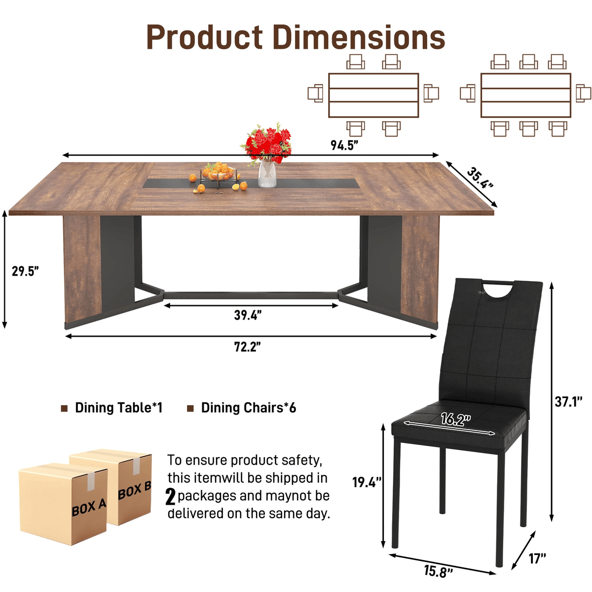 78"/ 94" 7-Piece Rectangle Wood  Kitchen Dining Table Set 94" dimension image