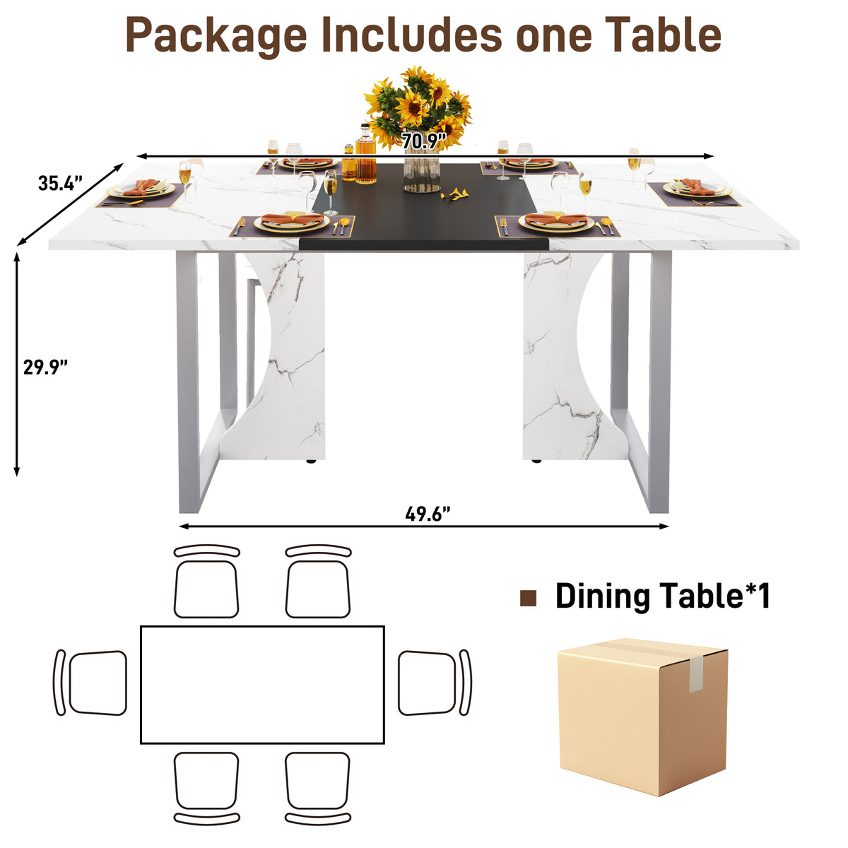 7-Piece Rectangle Wood  Kitchen Dining Table Set White dimension image