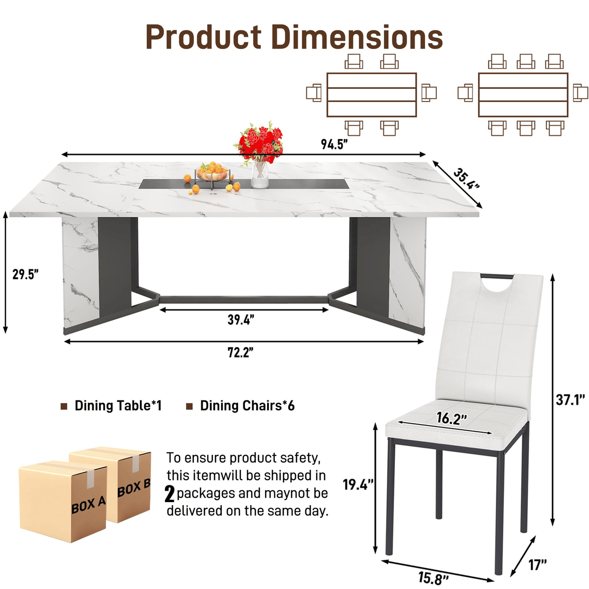 7-Piece Rectangle Wood  Kitchen Dining Table Set 94.5" (8-10) dimension image