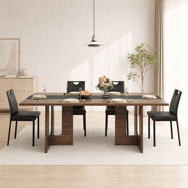 71" Brown 7-Piece Dining Table Set with 6 Upholstered Chairs