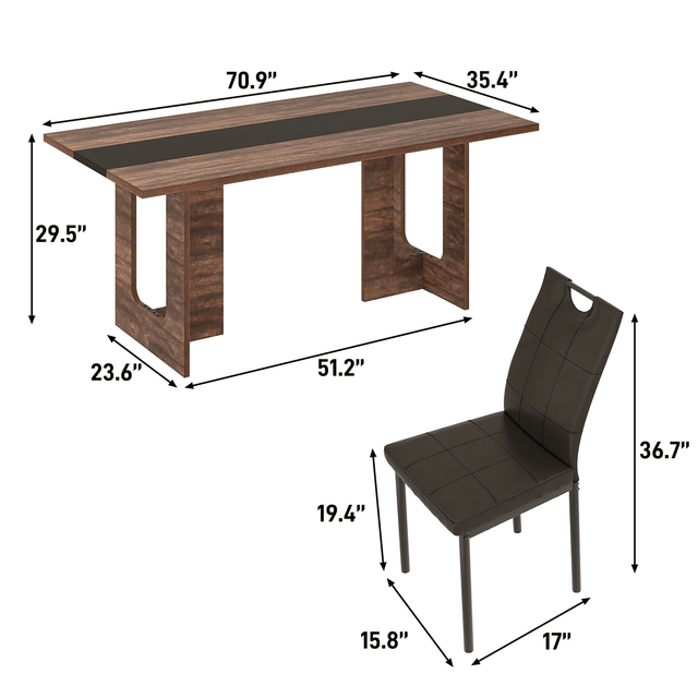 71" Brown 7-Piece Dining Table Set with 6 Upholstered Chairs