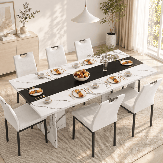 71" Brown 7-Piece Dining Table Set with 6 Upholstered Chairs