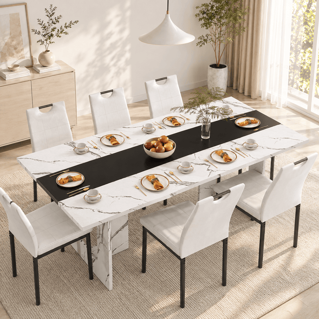 71" Brown 7-Piece Dining Table Set with 6 Upholstered Chairs