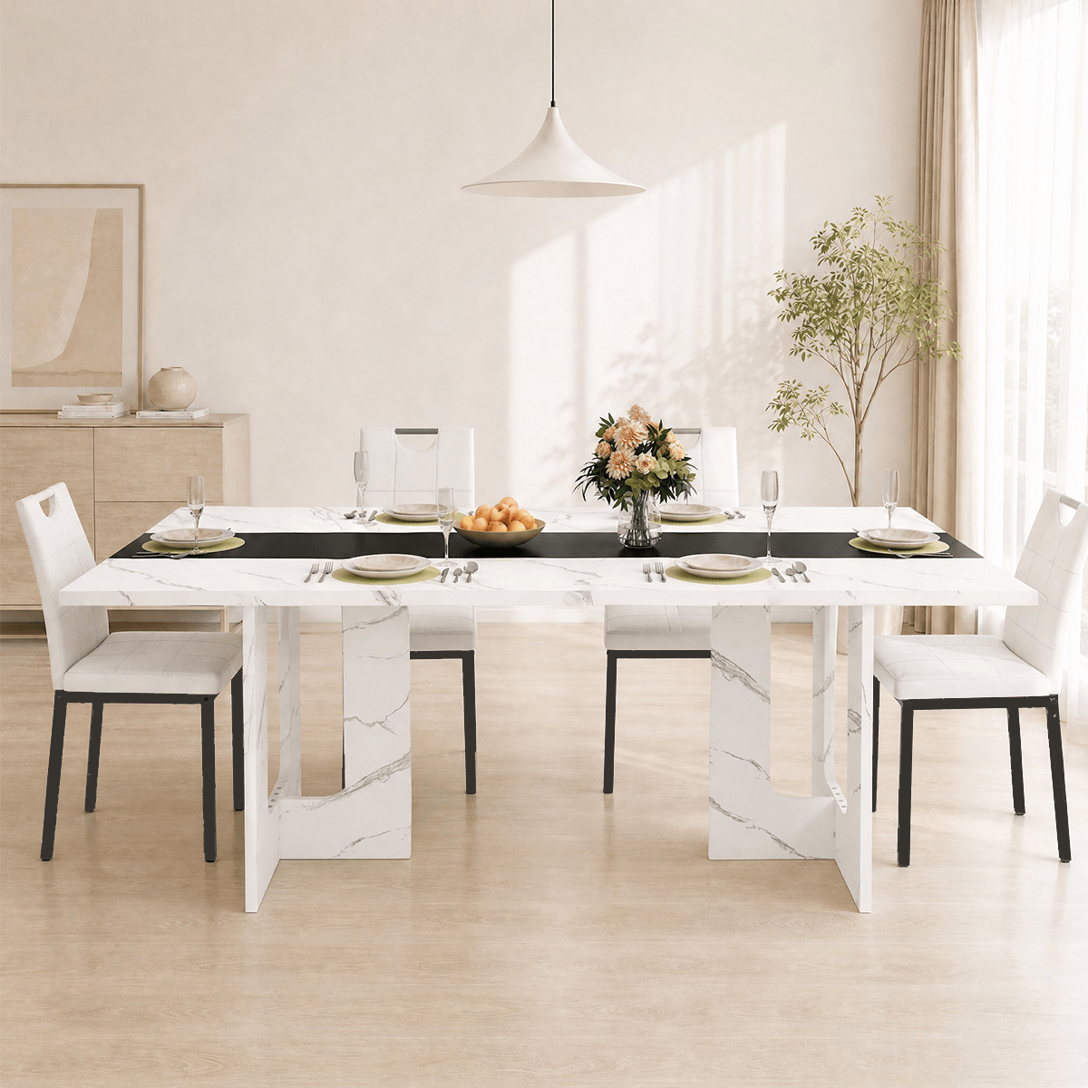 71" Brown 7-Piece Dining Table Set with 6 Upholstered Chairs