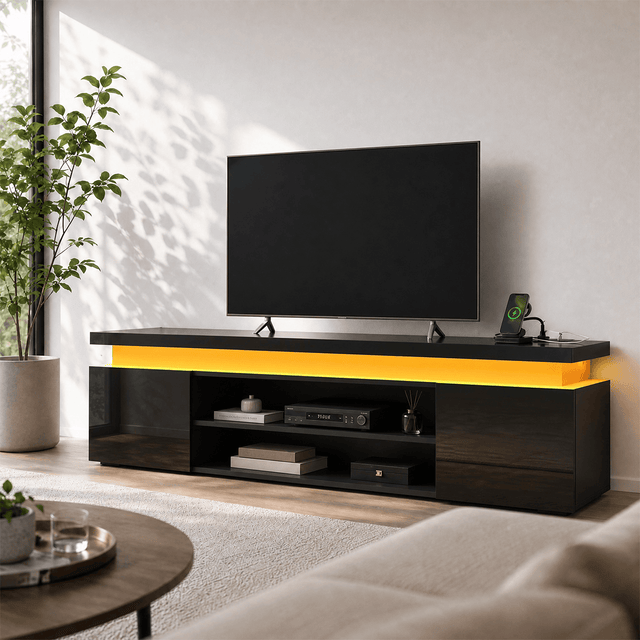 High Gloss Black LED TV Stand with Power Outlets & RGB Lights