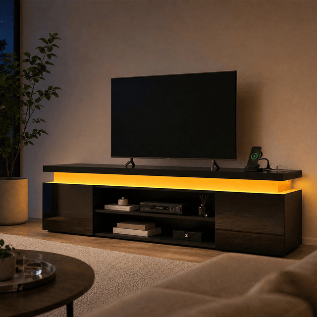 High Gloss Black LED TV Stand with Power Outlets & RGB Lights