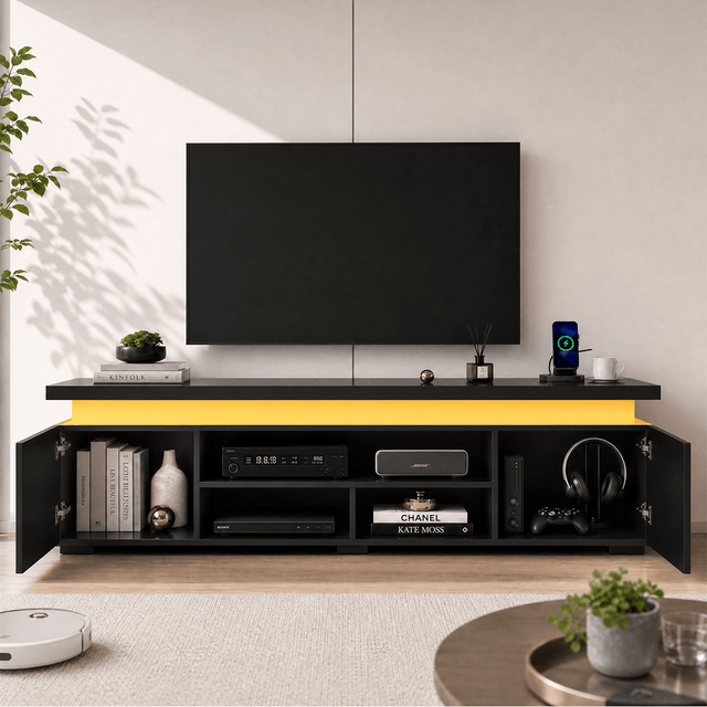 High Gloss Black LED TV Stand with Power Outlets & RGB Lights