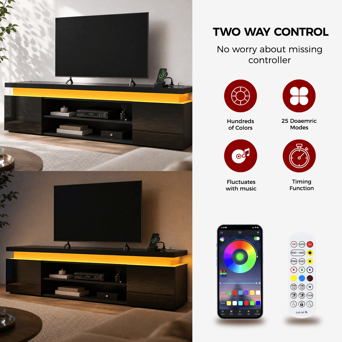 High Gloss Black LED TV Stand with Power Outlets & RGB Lights