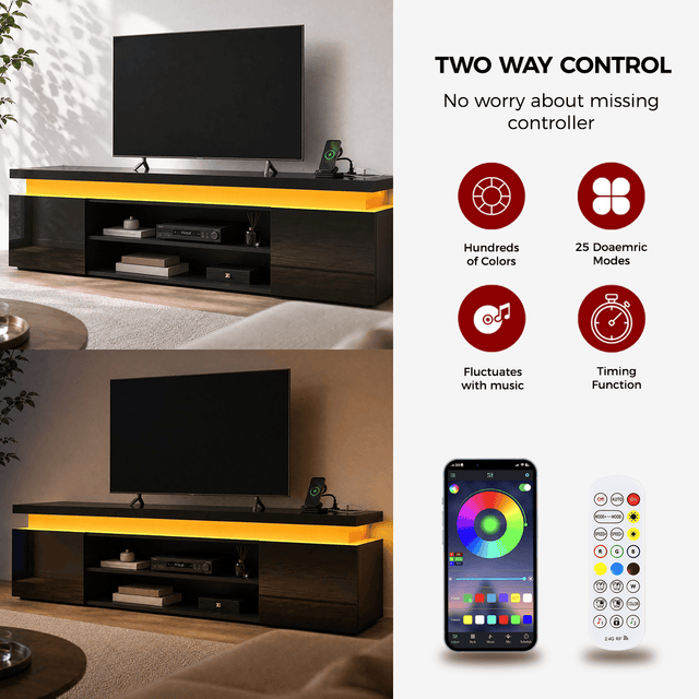 High Gloss Black LED TV Stand with Power Outlets & RGB Lights