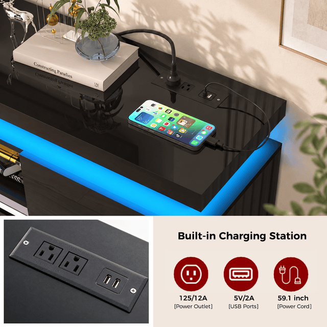 High Gloss Black LED TV Stand with Power Outlets & RGB Lights