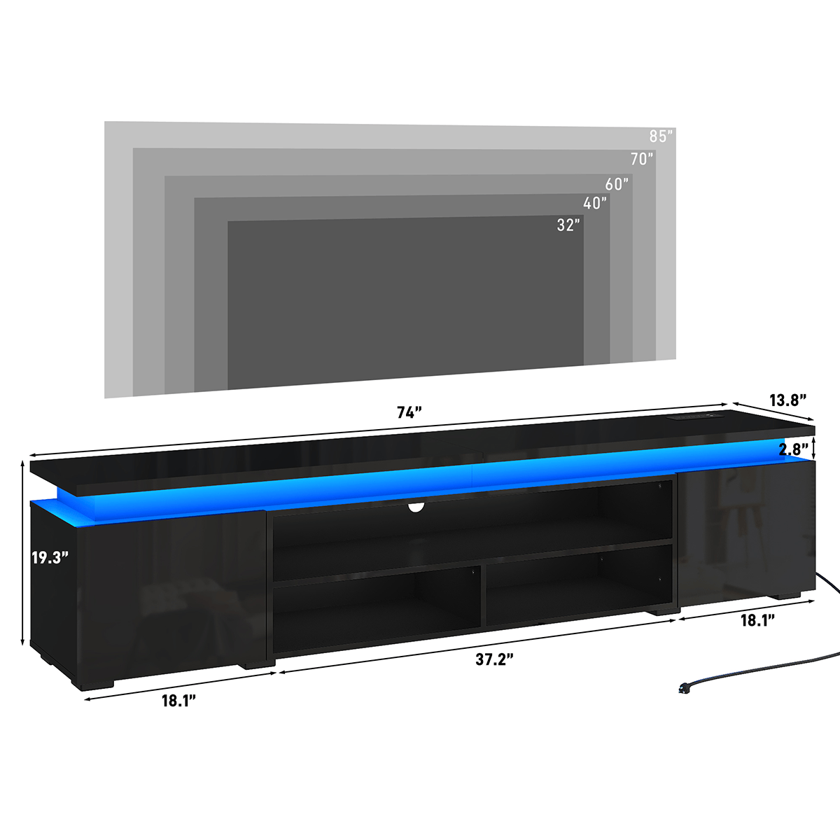 High Gloss Black LED TV Stand with Power Outlets & RGB Lights
