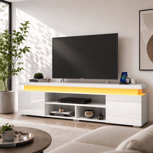 High Gloss Black LED TV Stand with Power Outlets & RGB Lights
